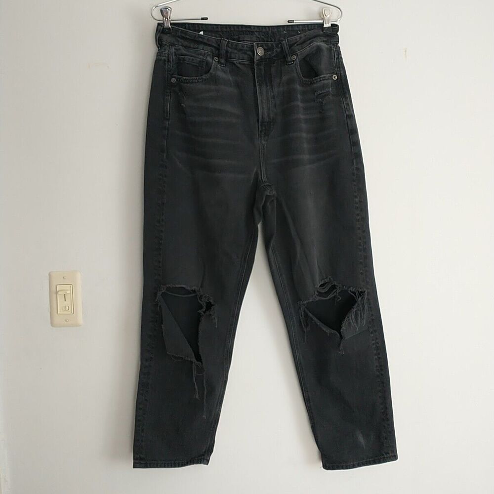 American Eagle Mom Straight Jeans Women 10Reg Black Knee Distressed Goth Boho